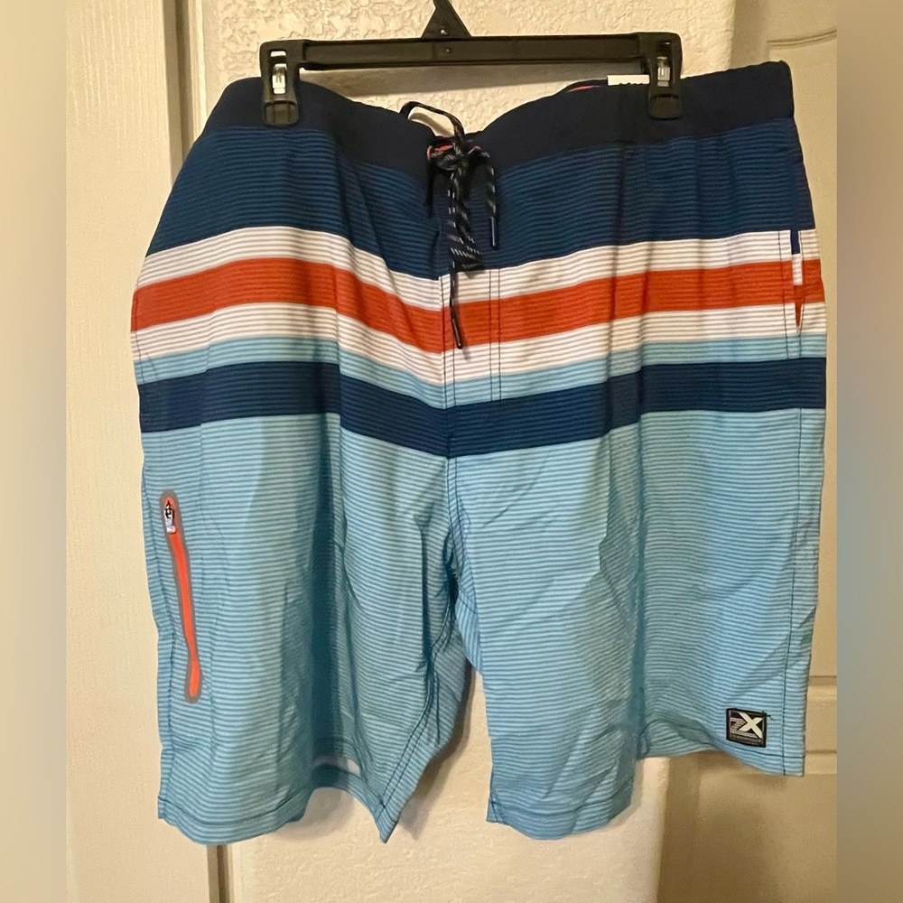 ZeroXposur Men's Striped Swim Shorts - Navy and Light Blue